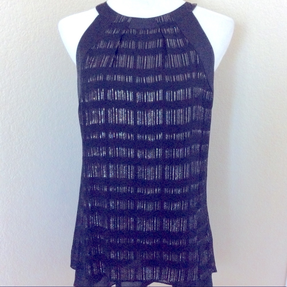 Silk top White House Bl Market Tunic silk top halter style black gold metallic